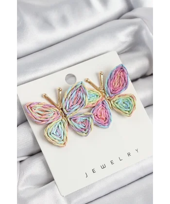 Pirinç Rainbow Kelebek Model Gold Renk Kadın Hasır Küpe