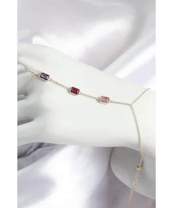 Pirinç Renkli Zirkon Taşlı Dikdörtgen Model Gold Renk Kadın Şahmeran