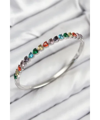 Pirinç Renkli Zirkon Taşlı Kalp Model Gümüş Renk Kadın Kelepçe