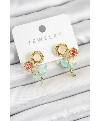 Pirinç Renkli Zirkon Taşlı Papatya Model Gold Renk Kadın Küpe