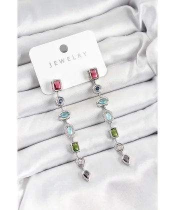 Pirinç Renkli Zirkon Taşlı Sallantılı Model Gümüş Renk Kadın Küpe