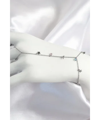 Pirinç Renkli Zirkon Taşlı Sallantılı Yıldızlı Model Gümüş Renk Kadın Şahmeran