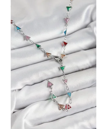 Pirinç Renkli Zirkon Taşlı Üçgen Model Gümüş Renk Kadın Y Kolye