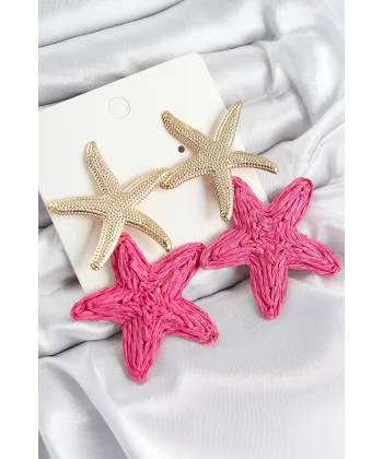 Pirinç Sallantılı Pembe Deniz Yıldızı Model Gold Renk Hasır Küpe