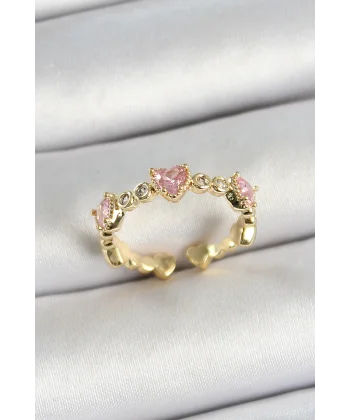 Pirinç Sıralı Kalp Figürlü Zirkon Taşlı Gold Renk Ayarlanabilir Kadın Yüzük