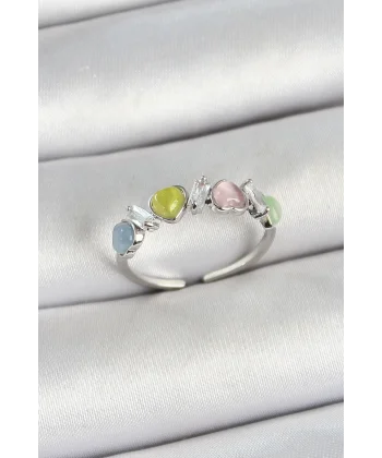 Pirinç Sıralı Kalp Figürlü Zirkon Taşlı Gümüş Renk Ayarlanabilir Kadın Yüzük