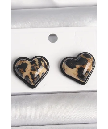 Pirinç Siyah Renk Leopar Desen 3D Kalp Model Kadın Küpe