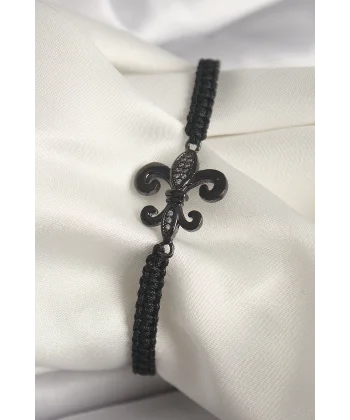 Pirinç Siyah Renk Zirkon Taş İşlemeli Zambak Figür Asansörlü Makrome Model Kadın Bileklik