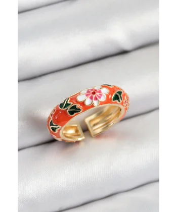 Pirinç Turuncu Mineli Çiçek Motifli Gold Renk Ayarlanabilir Kadın Yüzük