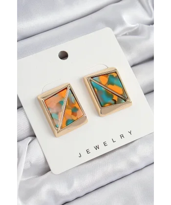 Pirinç  Turuncu Yeşil Üçgen Kesim Detaylı Kare Model Vintage Gold Renk Kadın Küpe