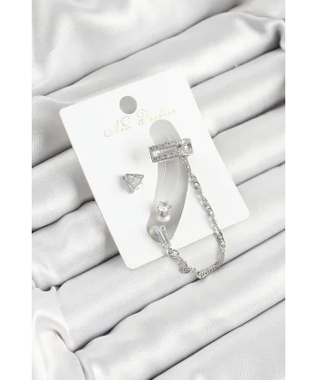 Pirinç Üçgen Figürlü Zirkon Taşlı Gümüş Renk 3lü Kıkırdak Kadın Küpe Set