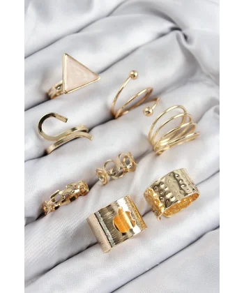 Pirinç Üçgen Model Gold Renk Kadın Yüzük Kombin Set