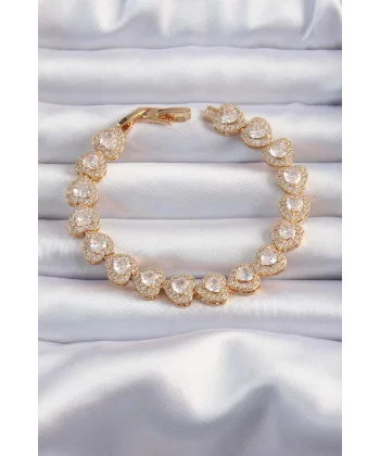 Pirinç Vip Seri Gold Renk Zirkon Taşlı Kalp Model Bileklik