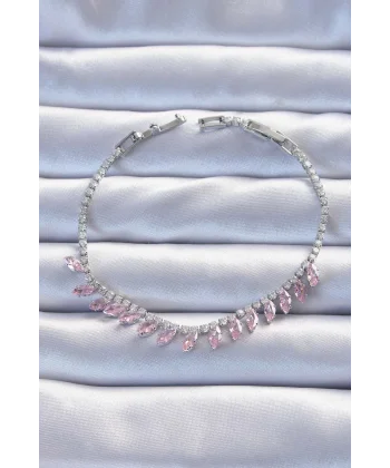 Pirinç Vip Seri Gümüş Renk Pembe Zirkon Taşlı Bileklik