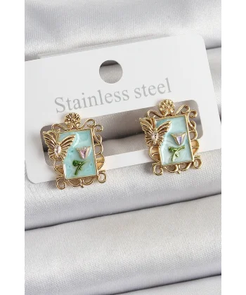 Pirinç Yeşil Mineli Sanatsal Portre Model Gold Renk Kadın Küpe