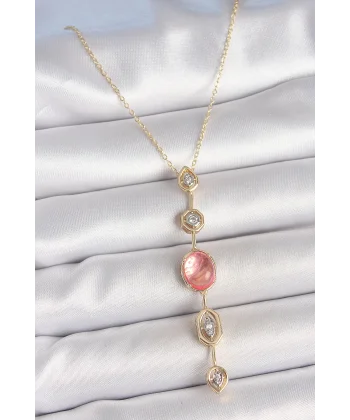 Pirinç Zincir Pembe Gold Renk Zirkon Taşlı Y Kolye