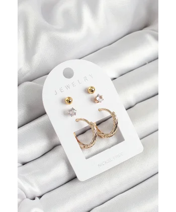 Pirinç Zirkon Taş Ve Halka Figürlü Gold Renk 3lü Çift Kadın Küpe Set