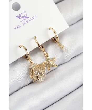 Pirinç Zirkon Taşlı 3lü İstiridye Ve Yıldız Model Gold Renk Kadın Küpe