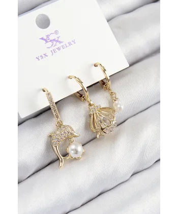 Pirinç Zirkon Taşlı 3lü Yunus Balığı Ve İstiridye Model Gold Renk Kadın Küpe