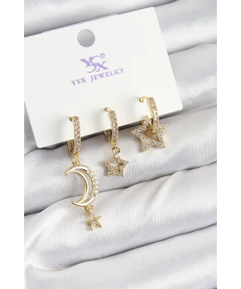 Pirinç Zİrkon Taşlı Ay Ve Hilal Model Gold Renk 3lü Kadın Küpe