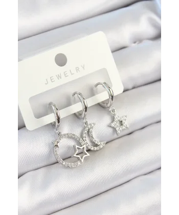 Pirinç Zirkon Taşlı Ay Ve Yıldız Model Gümüş Renk 3lü Çift Kadın Küpe Set