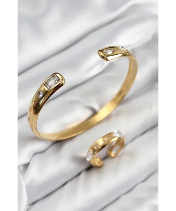 Pirinç Zirkon Taşlı Ayrık Model Gold Renk Bileklik Yüzük Set