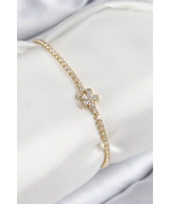 Pirinç Zirkon Taşlı Çiçek Model Gold Renk Kadın Bileklik