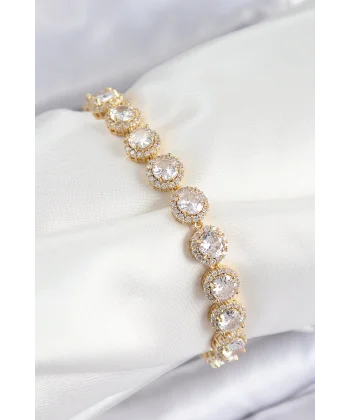 Pirinç Zirkon Taşlı Daire Baget Model Gold Renk VIP Seri Kadın Bileklik