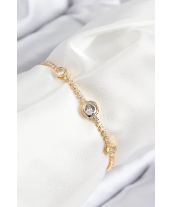 Pirinç Zirkon Taşlı Daire Model Gold Renk Asansörlü Kadın Bileklik