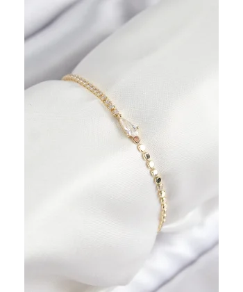 Pirinç Zirkon Taşlı Damla Model Ezme Zincir Gold Renk Kadın Bileklik
