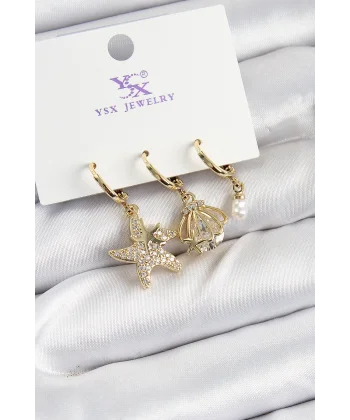 Pirinç Zİrkon Taşlı Deniz Yıldızı Ve İstiridye Model Gold Renk 3lü Kadın Küpe