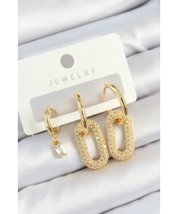 Pirinç Zirkon Taşlı Dikdörtgen Model Gold Renk 3lü Çift Kadın Küpe Set