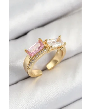 Pirinç Zirkon Taşlı Dikdörtgen Model Gold Renk Kadın Yüzük