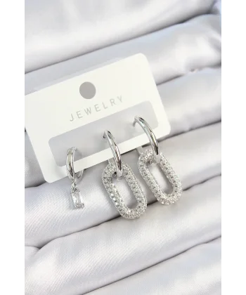 Pirinç Zirkon Taşlı Dikdörtgen Model Gümüş Renk 3lü Çift Kadın Küpe Set