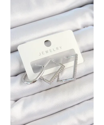 Pirinç Zirkon Taşlı Dikdörtgen Model Gümüş Renk 3lü Çift Kadın Küpe Set