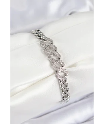 Pirinç Zirkon Taşlı Ezme Küba Zincir Model Gümüş Renk Kadın Bileklik