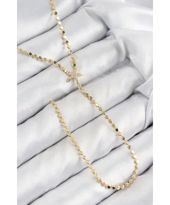 Pirinç Zirkon Taşlı Ezme Zincirli Deniz Yıldızı Model Gold Renk Y Kolye