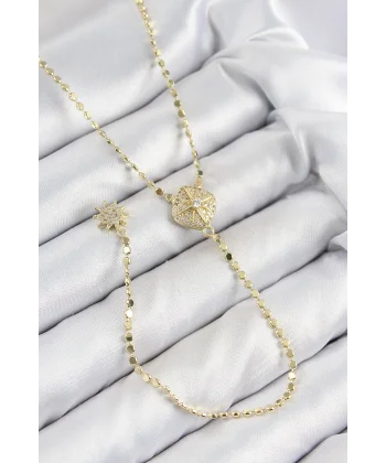 Pirinç Zirkon Taşlı Ezme Zincirli Madalyon Model Gold Renk Y Kolye