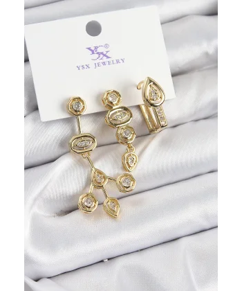 Pirinç Zİrkon Taşlı Geometrik Model Gold Renk 3lü Kadın Küpe