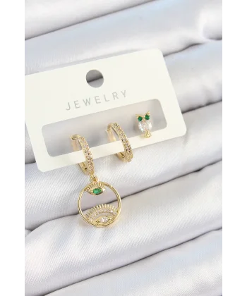 Pirinç Zirkon Taşlı Göz Ve Baykuş Model Gold Renk 3lü Çift Kadın Küpe Set