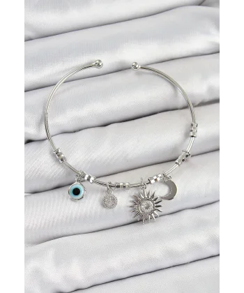 Pirinç Zirkon Taşlı Güneş Ay Ve Nazar Model Gümüş Renk Charm Bileklik