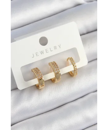 Pirinç Zirkon Taşlı Halka Model Gold Renk 3lü Çift Kadın Küpe Set