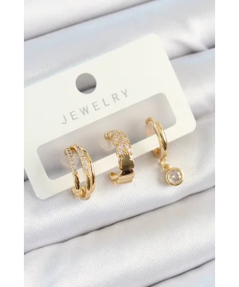 Pirinç Zirkon Taşlı Halka Model Gold Renk 3lü Çift Kadın Küpe Set