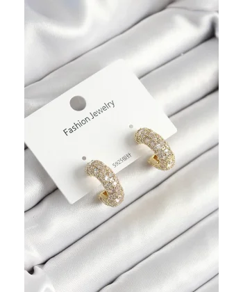 Pirinç Zirkon Taşlı Halka Model Gold Renk Kadın Küpe
