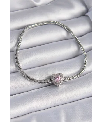 Pirinç Zirkon Taşlı Kalp Figür Charm Model Kadın Bileklik