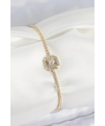 Pirinç Zirkon Taşlı Kare Model Gold Renk Kadın Bilekilk