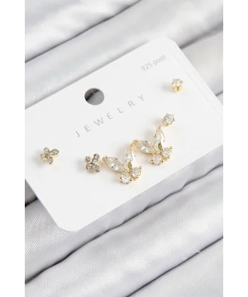 Pirinç Zirkon Taşlı Kelebek Model Gold Renk 925 Ayar Gümüş Çivi Kadın Küpe Set