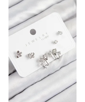 Pirinç Zirkon Taşlı Kelebek Model Gümüş Renk 925 Ayar Gümüş Çivi Kadın Küpe Set