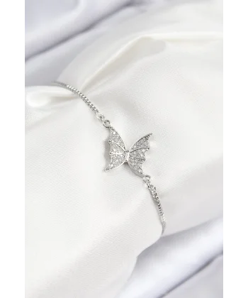 Pirinç Zirkon Taşlı Kelebek Model Gümüş Renk Asansörlü Kadın Bileklik