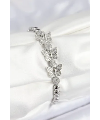 Pirinç Zirkon Taşlı Kelebek Model Gümüş Renk Kadın Bileklik